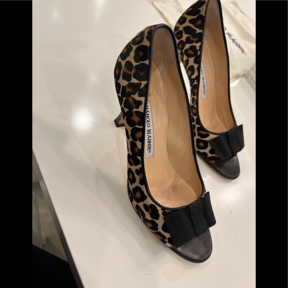 Manolo Blahnik peep toe leopard pony hair pumps